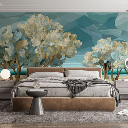 Une chambre moderne avec un papier peint artistique représentant des arbres stylisés aux teintes douces de bleu et beige, créant une atmosphère apaisante et naturelle.