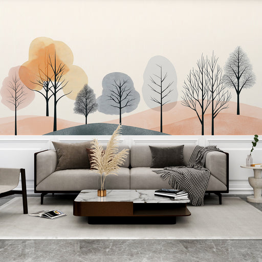Papier peint paysage minimaliste avec arbres stylisés et collines douces pour salon moderne