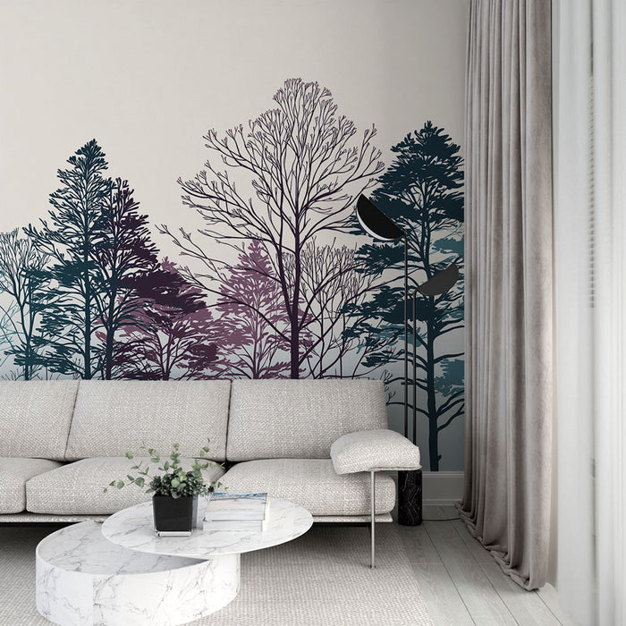 Un salon moderne avec un papier peint représentant des silhouettes d'arbres aux teintes dégradées de bleu et de violet, créant une atmosphère apaisante et naturelle.