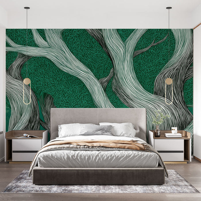 Papier peint arbres texturés | Un paysage forestier stylisé avec des troncs sinueux