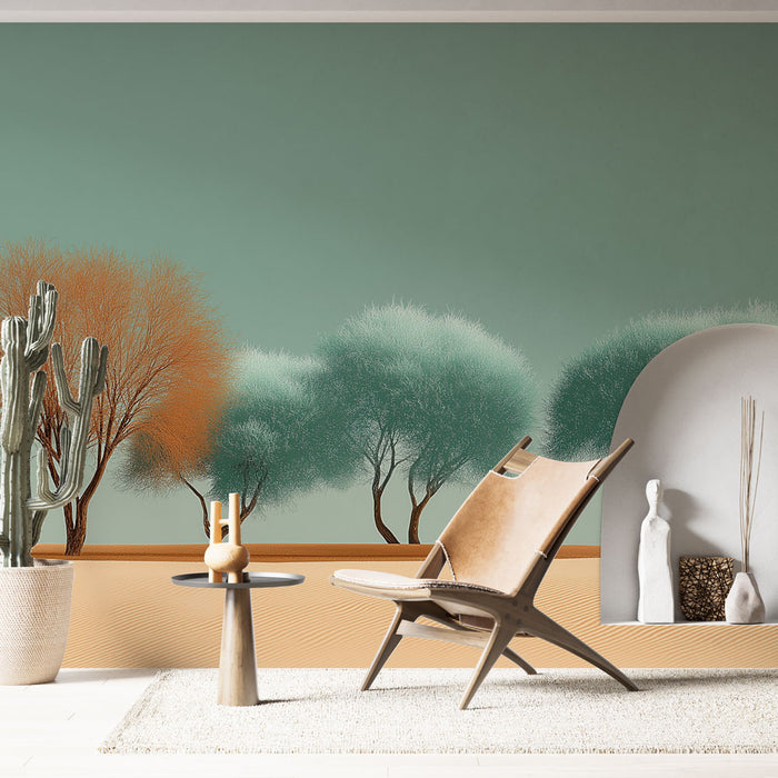 Une pièce moderne avec un papier peint représentant des arbres stylisés aux teintes vertes et orangées sur fond doux, créant une atmosphère apaisante et naturelle.