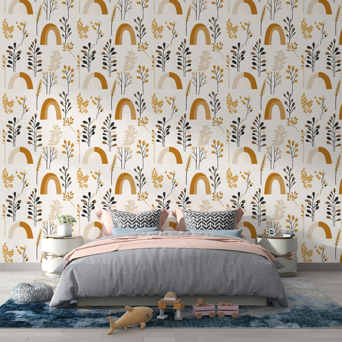 Une chambre moderne avec un papier peint aux motifs de arches et de feuillages dans des teintes de jaune, noir et beige, créant une ambiance joyeuse et accueillante.