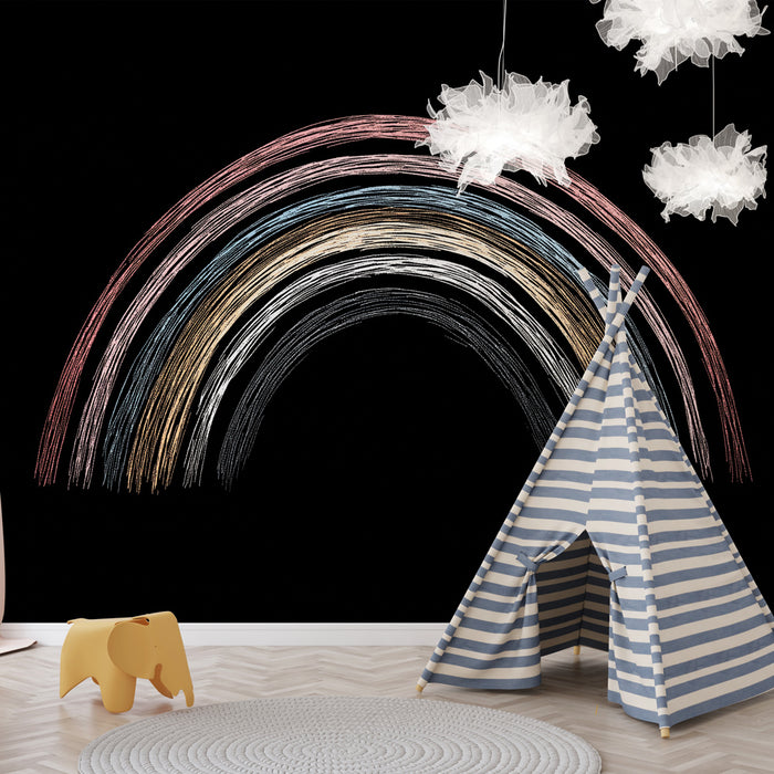 Une chambre d'enfant avec un papier peint noir orné d'un arc-en-ciel coloré aux lignes douces, créant une ambiance joyeuse et ludique.