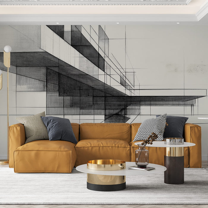 Papier peint architectural moderne avec illustration linéaire de structures pour salon contemporain