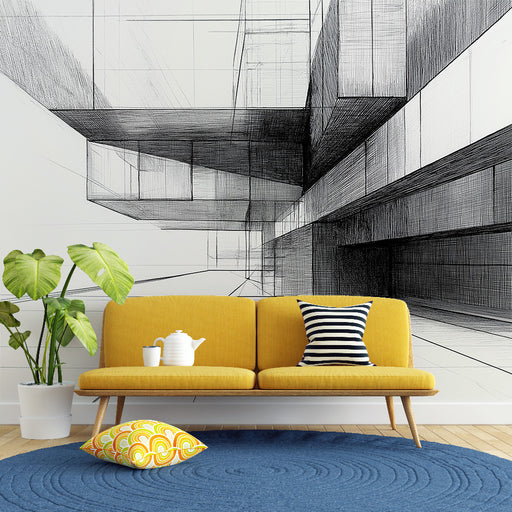 Papier peint architectural noir et blanc avec perspectives géométriques pour salon moderne