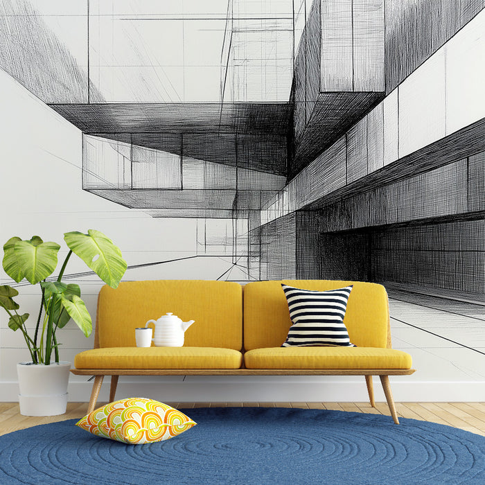 Papier peint architectural noir et blanc avec perspectives géométriques pour salon moderne