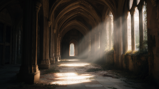 Papier peint architecture gothique Un couloir mystérieux baigné de lumière naturelle