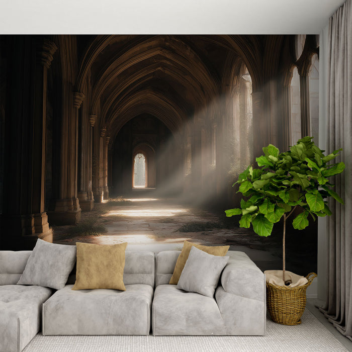 Une pièce moderne avec un papier peint représentant un couloir gothique éclairé par des rayons de lumière, créant une atmosphère mystérieuse et envoûtante.