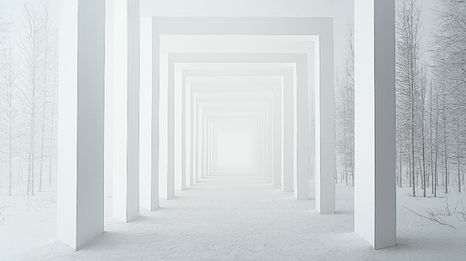 Papier peint architecture minimaliste Allée de colonnes blanches dans un paysage hivernal