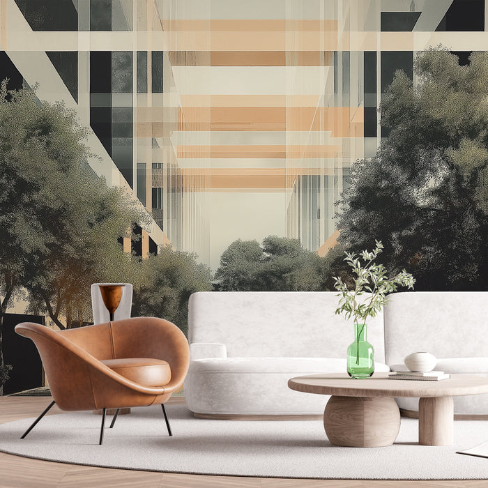 Papier peint architecture moderne avec allée urbaine et arbres contemporains pour salon élégant.