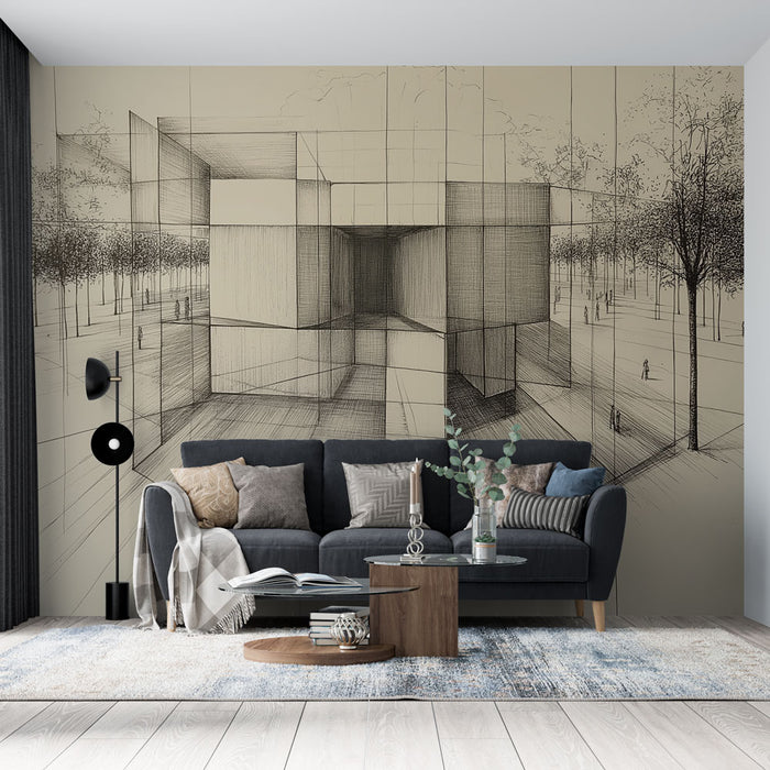 Papier peint architecture moderne avec croquis de bâtiment minimaliste en pleine nature pour salon contemporain