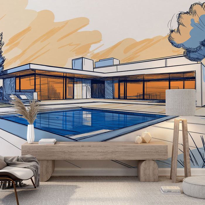 Une pièce moderne avec un papier peint illustratif représentant une villa contemporaine en esquisse, mêlant des teintes bleues et orangées pour une ambiance artistique et chaleureuse.