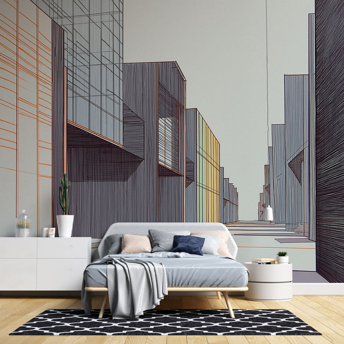 Papier peint architecture moderne avec lignes épurées et formes géométriques abstraites pour salon contemporain