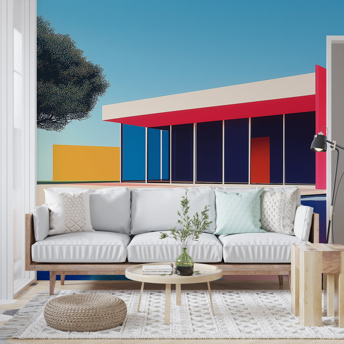 Un salon moderne avec un papier peint graphique représentant une architecture colorée et stylisée sur fond bleu, créant une atmosphère dynamique et contemporaine.