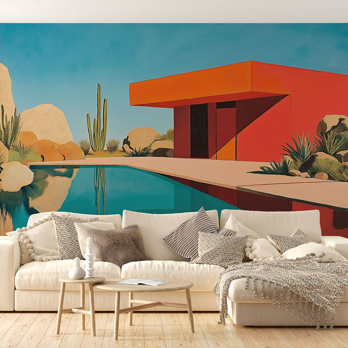 Une pièce de vie moderne avec un papier peint mural représentant une architecture colorée et stylisée au bord d'une piscine, évoquant une ambiance chaleureuse et artistique.