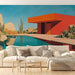 Une pièce de vie moderne avec un papier peint mural représentant une architecture colorée et stylisée au bord d'une piscine, évoquant une ambiance chaleureuse et artistique.