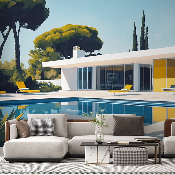 Un salon moderne avec un papier peint représentant une villa contemporaine au bord d'une piscine, aux teintes claires et aux touches de jaune, évoquant une ambiance estivale et relaxante.