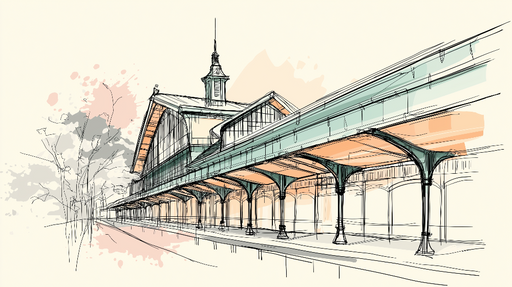 Papier peint architecture vintage Croquis élégant d'une gare avec des couleurs douces