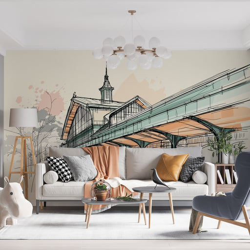 Un salon moderne avec un papier peint illustrant une architecture stylisée aux lignes épurées et aux teintes pastel, créant une ambiance artistique et contemporaine.