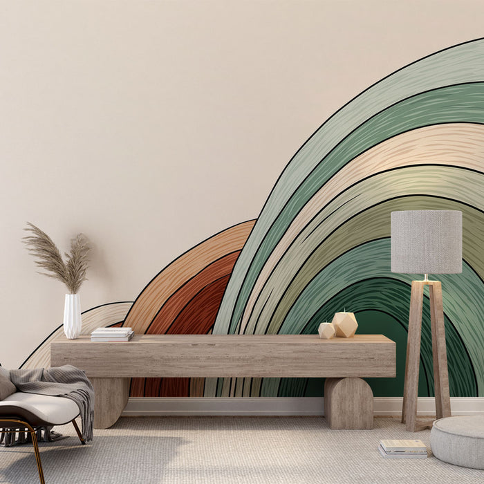 Une pièce moderne avec un papier peint aux formes ondulées dans des teintes terreuses et vertes, créant une ambiance chaleureuse et artistique.