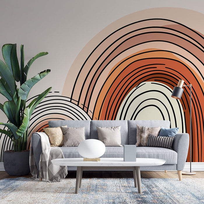 Un salon contemporain avec un papier peint abstrait aux arcs colorés dans des teintes chaudes, créant une atmosphère dynamique et accueillante.
