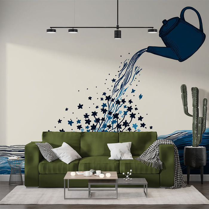 Un salon moderne avec un papier peint artistique représentant un arrosoir versant des étoiles et des vagues dans des teintes de bleu et noir, créant une ambiance ludique et inspirante.