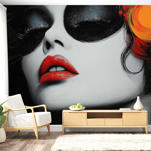Papier peint art abstrait visage élégant avec accents colorés pour salon moderne