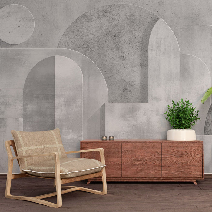 Une pièce moderne avec un papier peint abstrait en nuances de gris, présentant des formes géométriques douces qui créent une atmosphère contemporaine et apaisante.