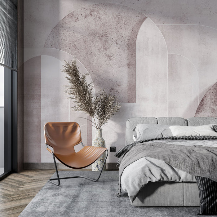 Une chambre moderne avec un papier peint abstrait aux teintes douces de rose et beige, créant une atmosphère apaisante et élégante.