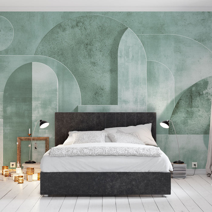 Une chambre moderne avec un papier peint texturé vert pâle aux motifs géométriques abstraits, créant une atmosphère apaisante et contemporaine.