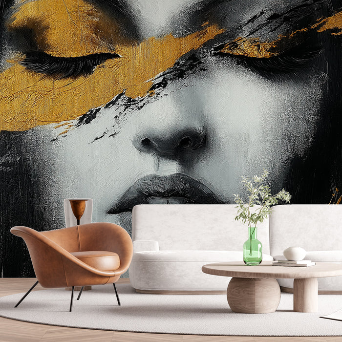 Papier peint artistique avec portrait abstrait en noir et or pour salon moderne.