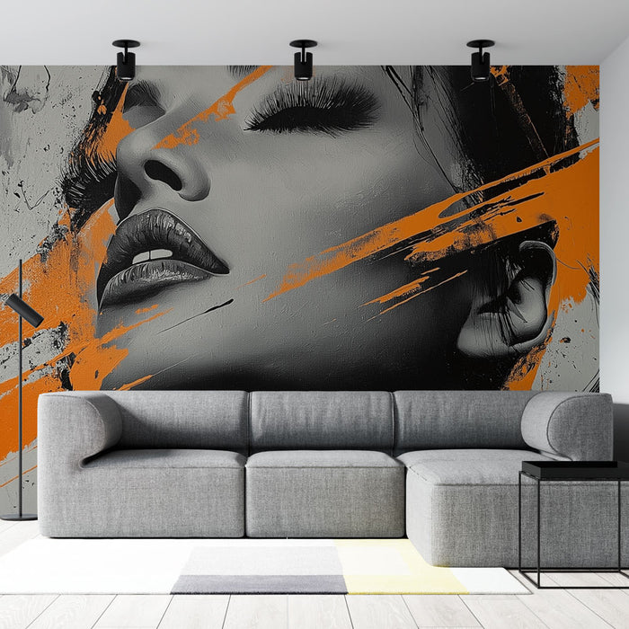 Papier peint artistique avec portrait stylisé en noir et orange pour salon moderne