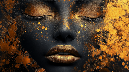 Papier peint artistique Visage noir et doré avec éclats de peinture