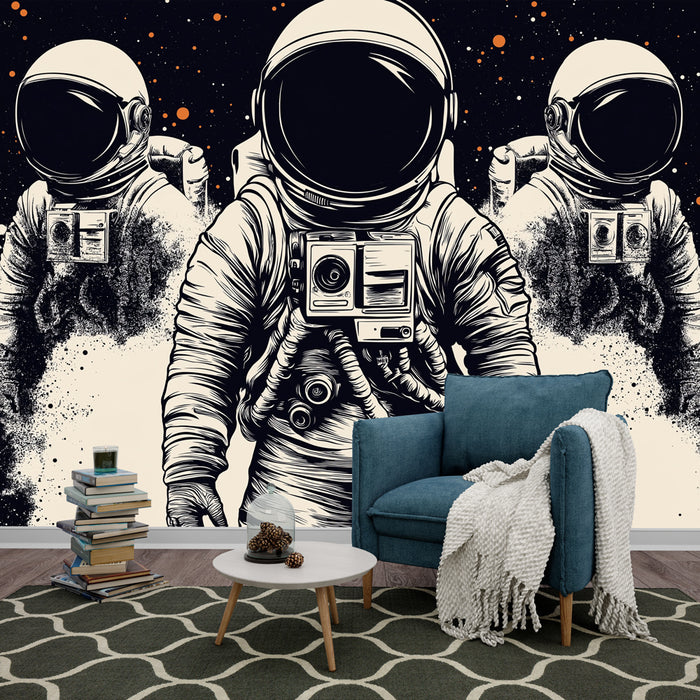 Papier peint cosmique avec astronautes stylisés pour décoration murale moderne