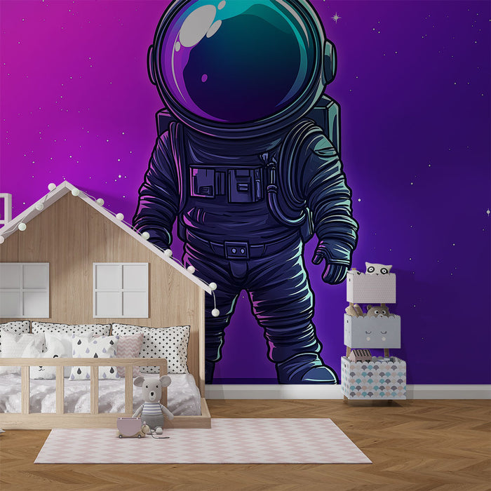 Papier peint espace violet avec illustration d'astronaute pour chambre d'enfant moderne