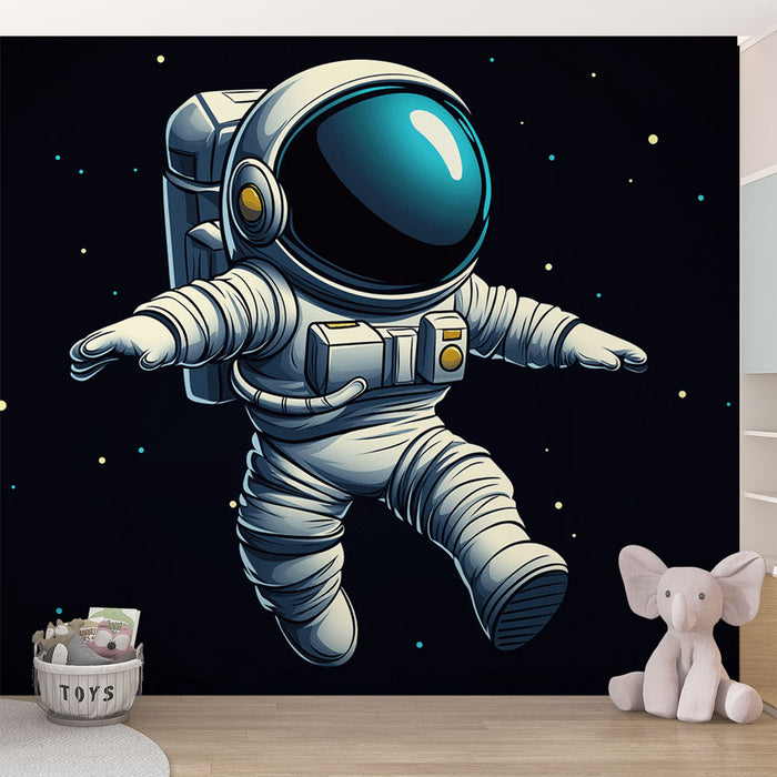 Papier peint espace avec astronaute flottant pour chambre d'enfant, design moderne et ludique.