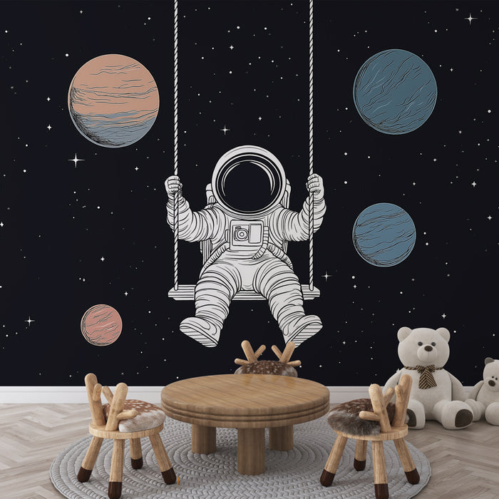 Papier peint espace avec astronaute et planètes pour chambre enfant