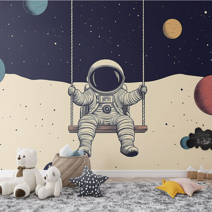 Papier peint espace avec astronaute sur balançoire et planètes pour chambre d'enfant.