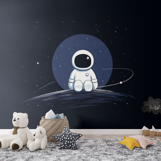 Une chambre d'enfant avec un papier peint illustratif représentant un astronaute sur fond étoilé, créant une ambiance ludique et imaginative.