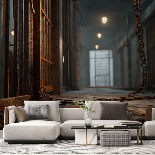 Un salon contemporain avec un papier peint représentant un couloir sombre et industriel, évoquant une ambiance mystérieuse et dramatique.