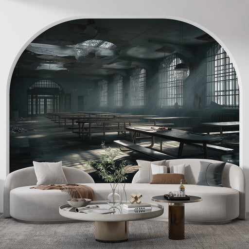 Une salle à manger avec un papier peint représentant un espace abandonné, aux teintes sombres et aux lumières tamisées, créant une atmosphère mystérieuse et mélancolique.