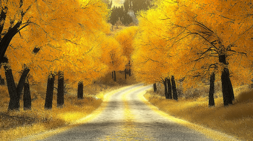 Papier peint automnal Chemin serpentant bordé d'arbres dorés