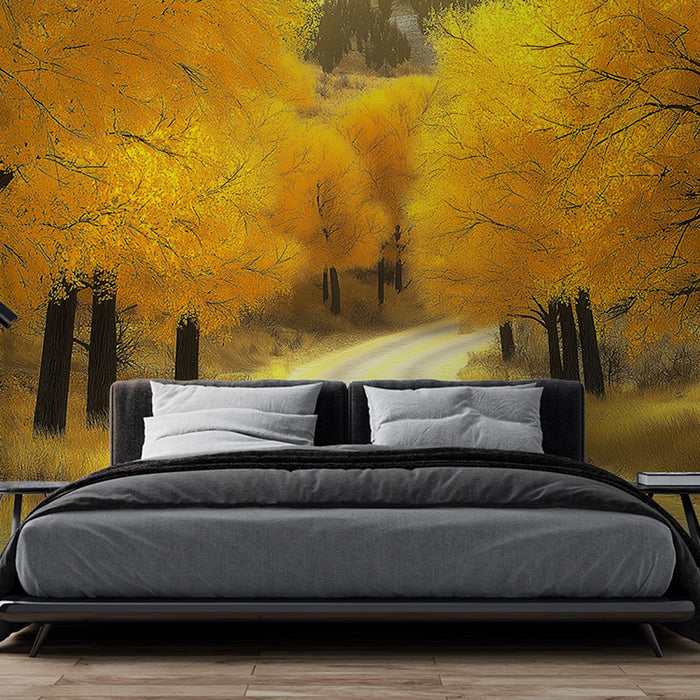 Papier peint automnal | Chemin serpentant bordé d'arbres dorés