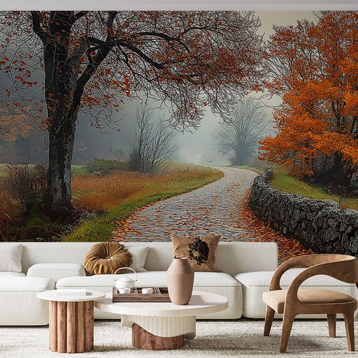 Une pièce de vie chaleureuse avec un papier peint représentant un chemin sinueux bordé d'arbres aux feuillages orangés, créant une atmosphère automnale et apaisante.