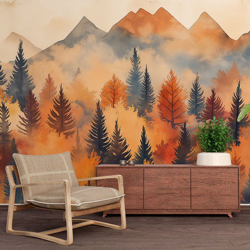 Papier peint automnal avec forêt colorée et montagnes en arrière-plan pour salon chaleureux.