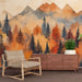 Papier peint automnal avec forêt colorée et montagnes en arrière-plan pour salon chaleureux.