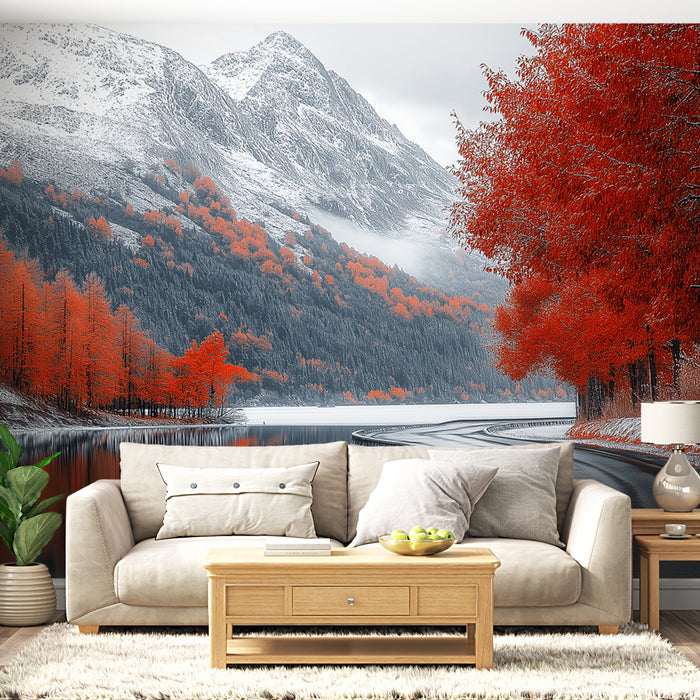 Papier peint automnal | Paysage de montagne avec arbres rouges éclatants