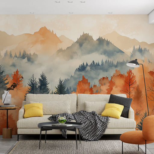 Papier peint automnal avec paysage de montagnes et feuillage coloré en aquarelle pour salon moderne.