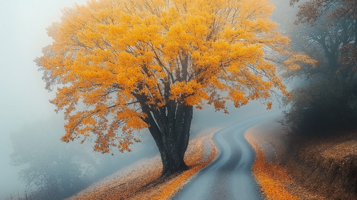 Papier peint automne Arbre aux feuilles dorées sous la brume
