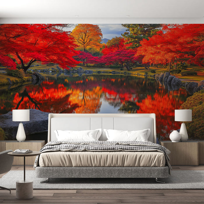Papier peint paysage automnal avec feuillage rouge et lac tranquille pour chambre moderne